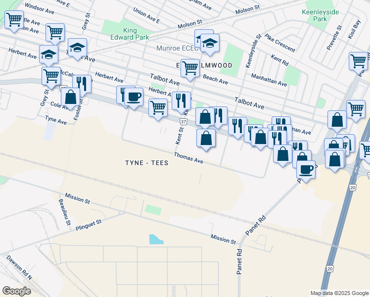 map of restaurants, bars, coffee shops, grocery stores, and more near 975 Thomas Avenue in Winnipeg