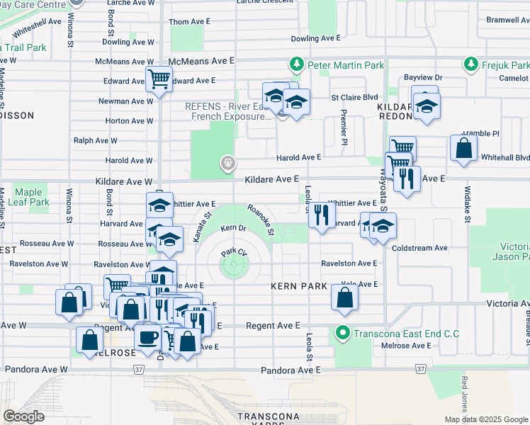 map of restaurants, bars, coffee shops, grocery stores, and more near 800 Roanoke Street in Winnipeg