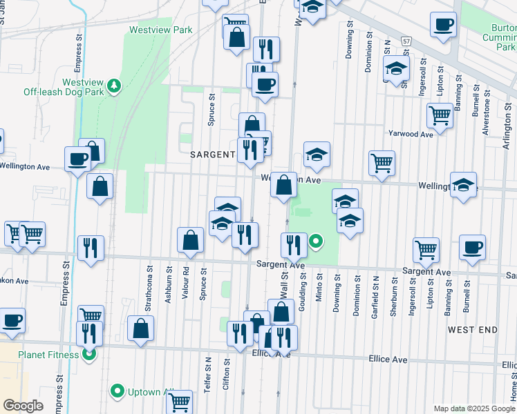 map of restaurants, bars, coffee shops, grocery stores, and more near in Winnipeg