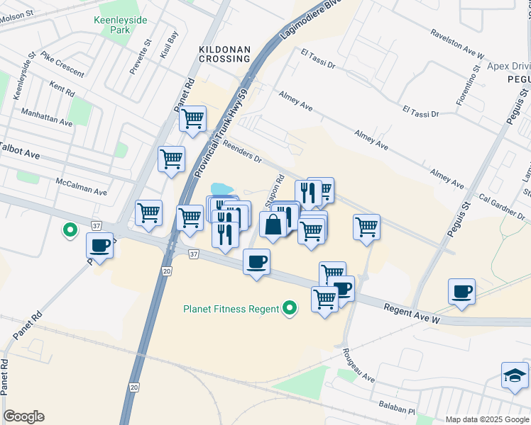 map of restaurants, bars, coffee shops, grocery stores, and more near Stapon Road in Winnipeg