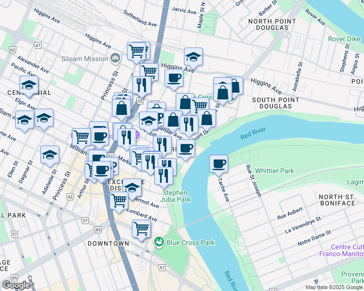 map of restaurants, bars, coffee shops, grocery stores, and more near 115 Alexander Avenue in Winnipeg