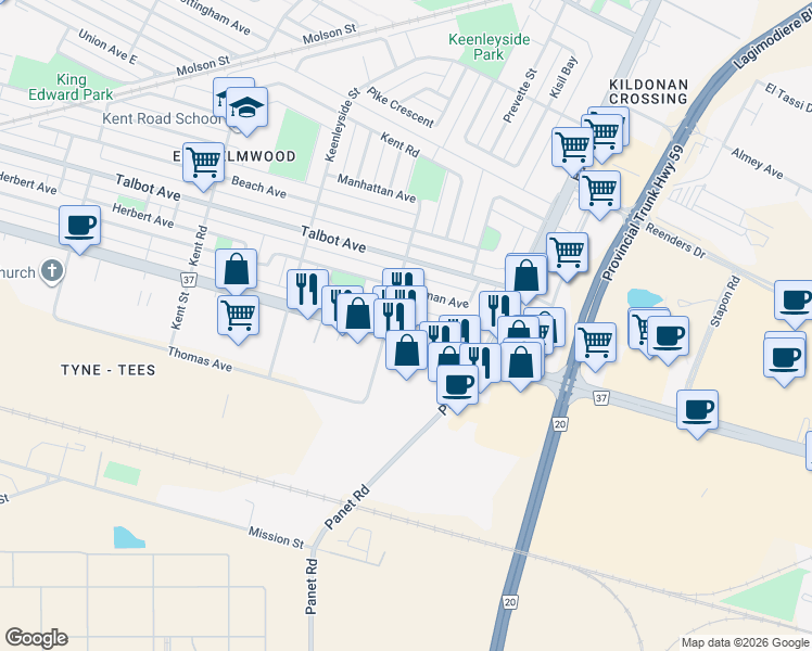 map of restaurants, bars, coffee shops, grocery stores, and more near 1110 McCalman Avenue in Winnipeg