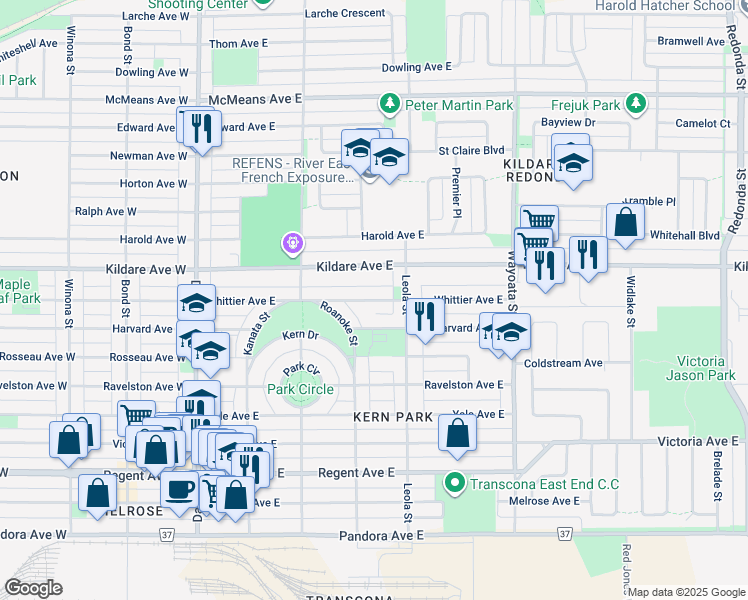 map of restaurants, bars, coffee shops, grocery stores, and more near Whittier Avenue East in Winnipeg