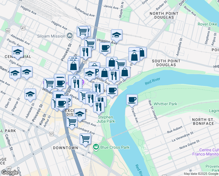 map of restaurants, bars, coffee shops, grocery stores, and more near 115 Alexander Avenue in Winnipeg