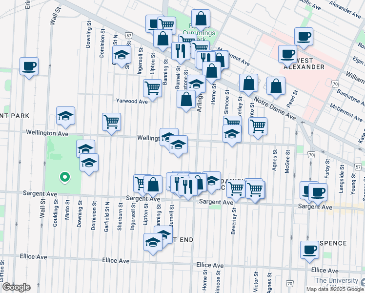 map of restaurants, bars, coffee shops, grocery stores, and more near Alverstone Street in Winnipeg