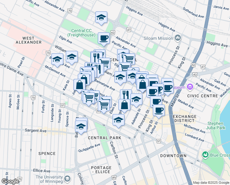 map of restaurants, bars, coffee shops, grocery stores, and more near 410 Bannatyne Avenue in Winnipeg