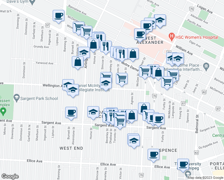 map of restaurants, bars, coffee shops, grocery stores, and more near 722 Toronto Street in Winnipeg