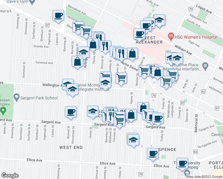 map of restaurants, bars, coffee shops, grocery stores, and more near 724 Wellington Avenue in Winnipeg