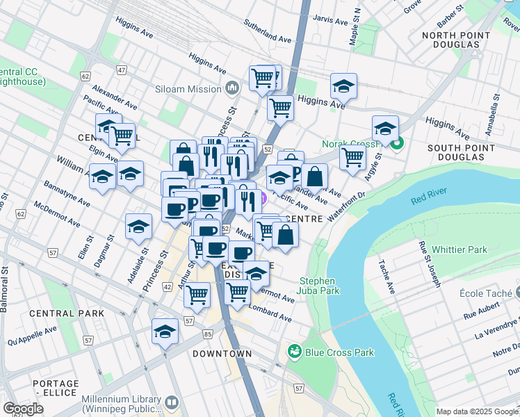 map of restaurants, bars, coffee shops, grocery stores, and more near 190 Rupert Avenue in Winnipeg