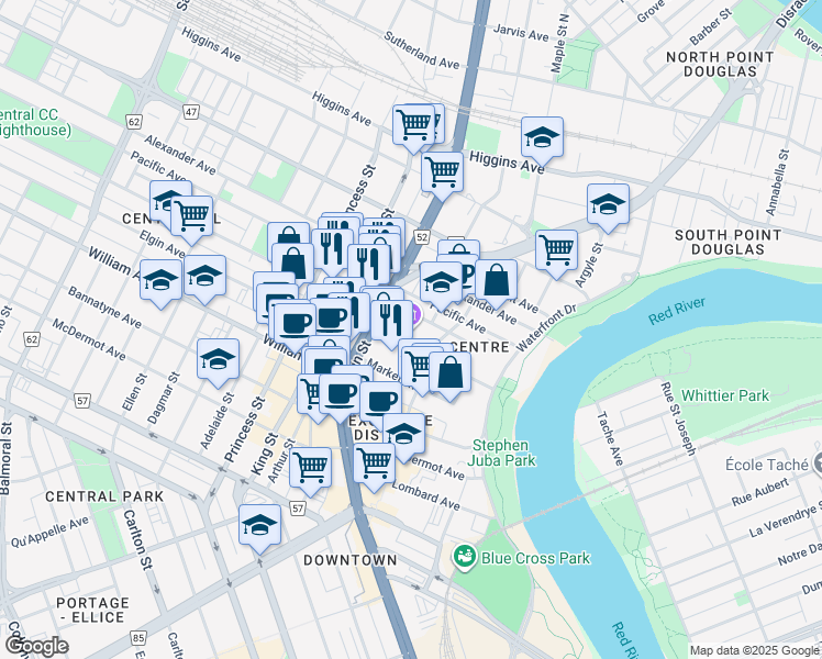 map of restaurants, bars, coffee shops, grocery stores, and more near 190 Rupert Avenue in Winnipeg