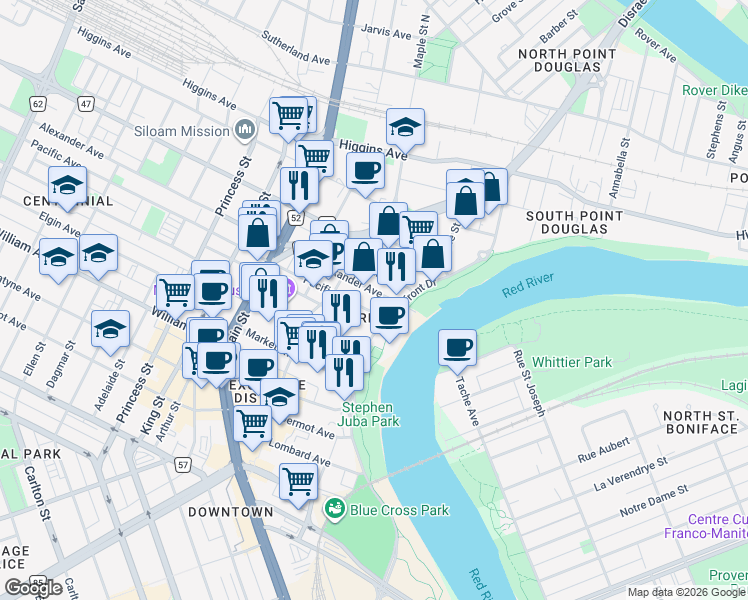 map of restaurants, bars, coffee shops, grocery stores, and more near 115 Alexander Avenue in Winnipeg