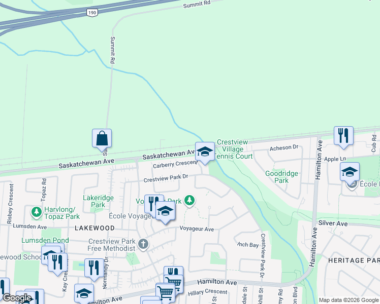 map of restaurants, bars, coffee shops, grocery stores, and more near Saskatchewan Avenue in Winnipeg