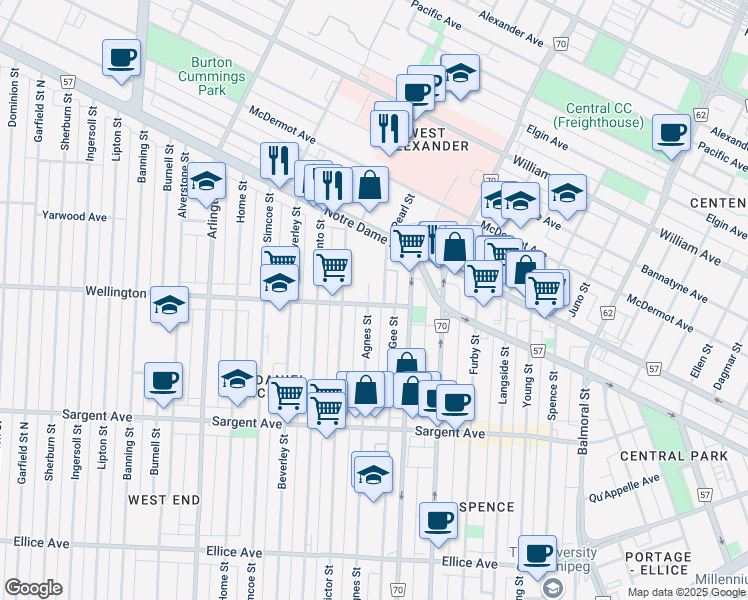 map of restaurants, bars, coffee shops, grocery stores, and more near 655 Wellington Avenue in Winnipeg