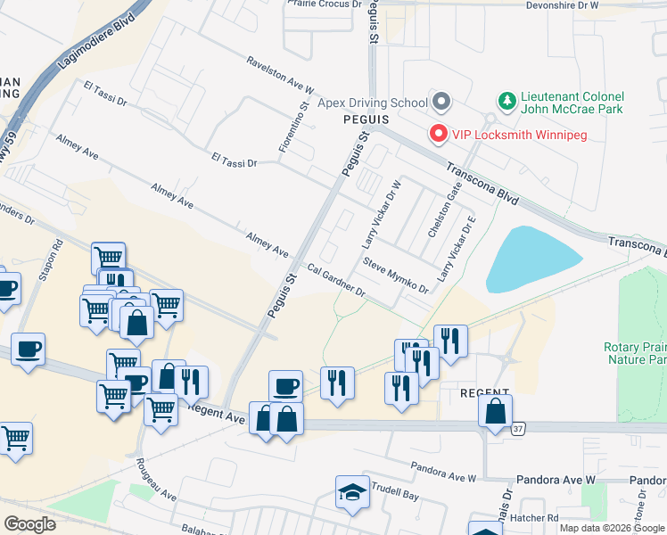 map of restaurants, bars, coffee shops, grocery stores, and more near 185 Peguis Street in Winnipeg