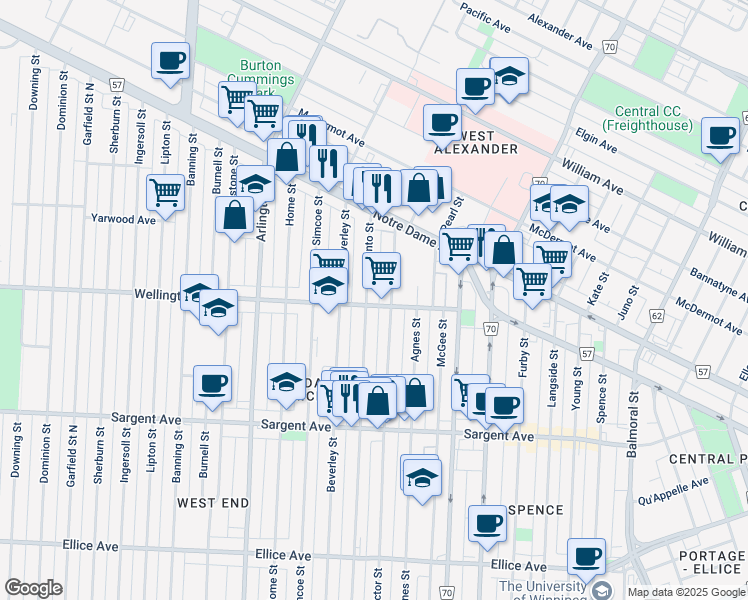 map of restaurants, bars, coffee shops, grocery stores, and more near 701 Wellington Avenue in Winnipeg