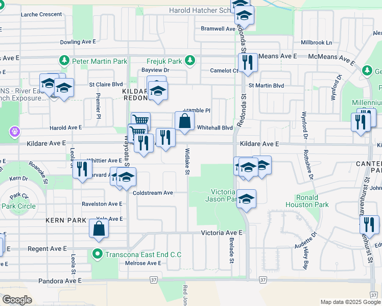 map of restaurants, bars, coffee shops, grocery stores, and more near 704 Kildare Avenue East in Winnipeg