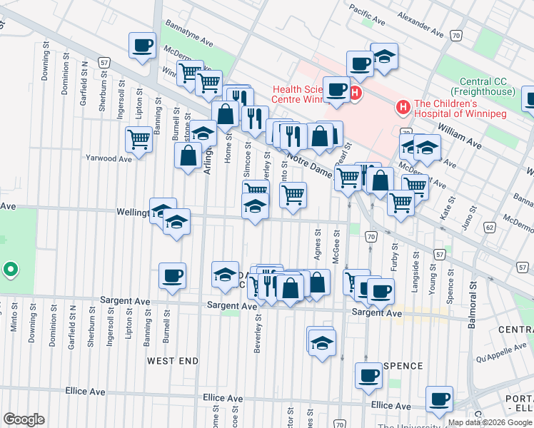 map of restaurants, bars, coffee shops, grocery stores, and more near 729 Wellington Avenue in Winnipeg