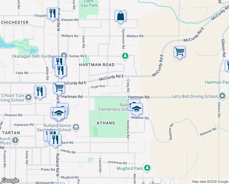 map of restaurants, bars, coffee shops, grocery stores, and more near 440 Hartman Road in Kelowna