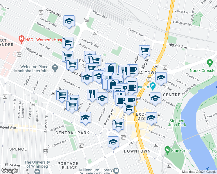 map of restaurants, bars, coffee shops, grocery stores, and more near 339 William Avenue in Winnipeg
