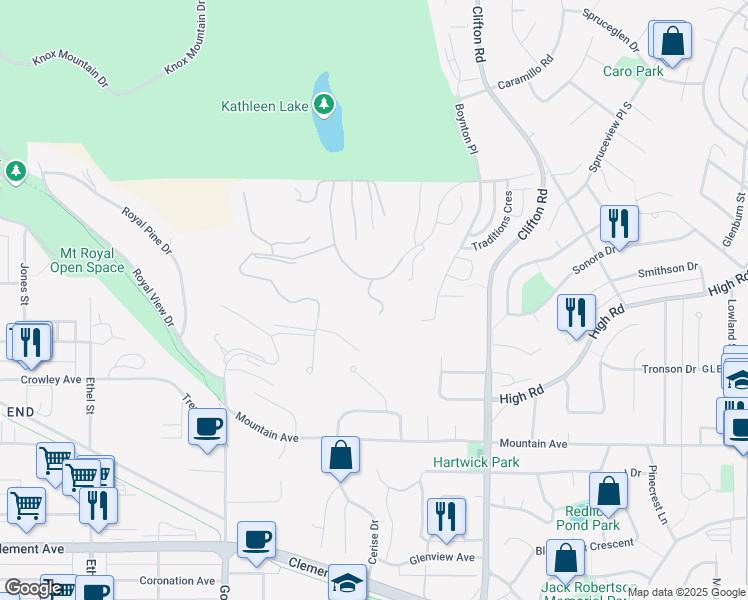 map of restaurants, bars, coffee shops, grocery stores, and more near Vistaview Lane in Kelowna