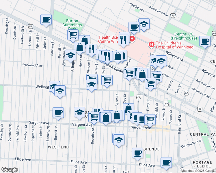 map of restaurants, bars, coffee shops, grocery stores, and more near 746 Victor Street in Winnipeg