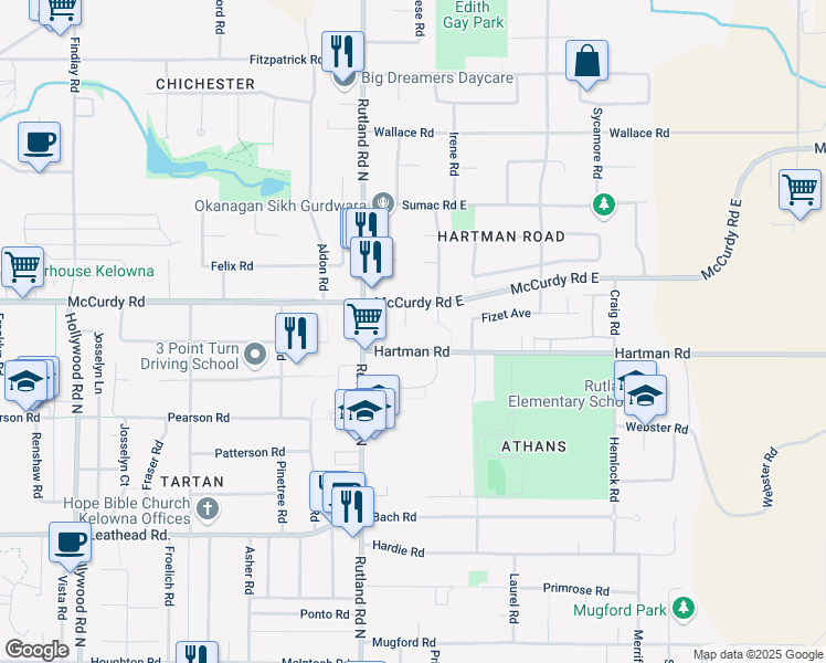 map of restaurants, bars, coffee shops, grocery stores, and more near 945 Duggan Court in Kelowna