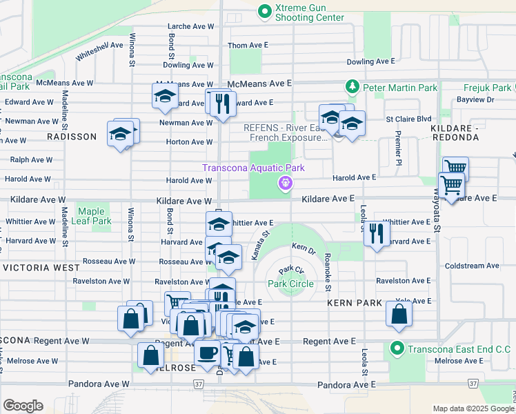 map of restaurants, bars, coffee shops, grocery stores, and more near 132 Kildare Avenue East in Winnipeg