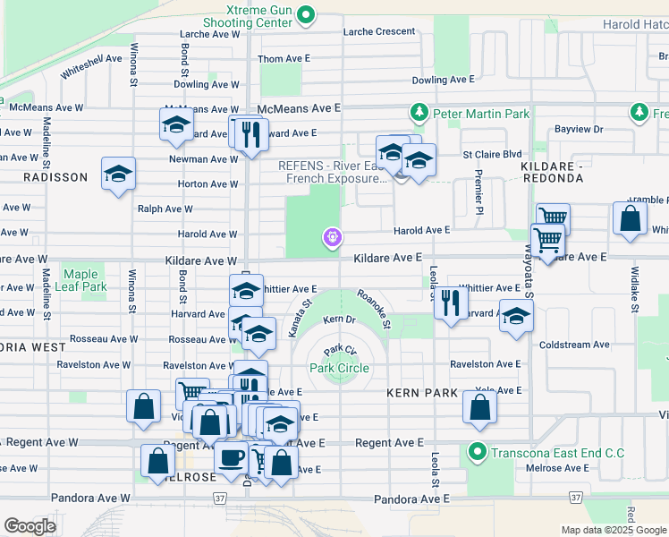 map of restaurants, bars, coffee shops, grocery stores, and more near 146 Kildare Avenue East in Winnipeg