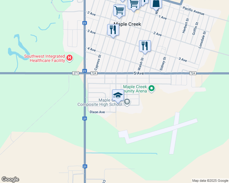 map of restaurants, bars, coffee shops, grocery stores, and more near 711 Jasper Street in Maple Creek