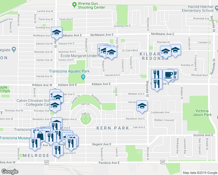 map of restaurants, bars, coffee shops, grocery stores, and more near 428 Kildare Avenue East in Winnipeg