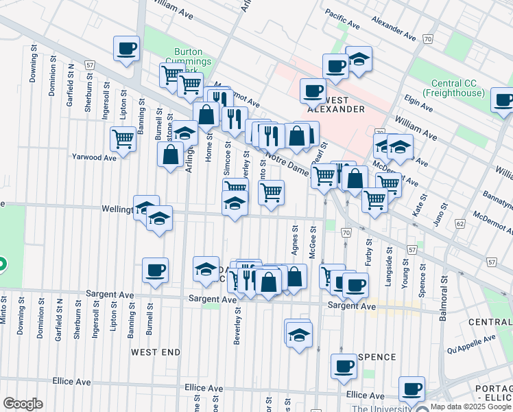 map of restaurants, bars, coffee shops, grocery stores, and more near 722 Toronto Street in Winnipeg