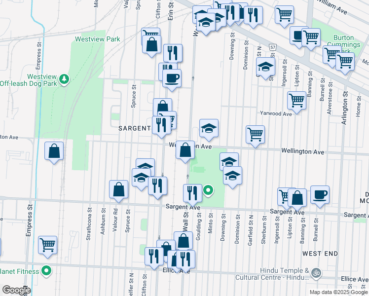 map of restaurants, bars, coffee shops, grocery stores, and more near 1080 Wellington Avenue in Winnipeg