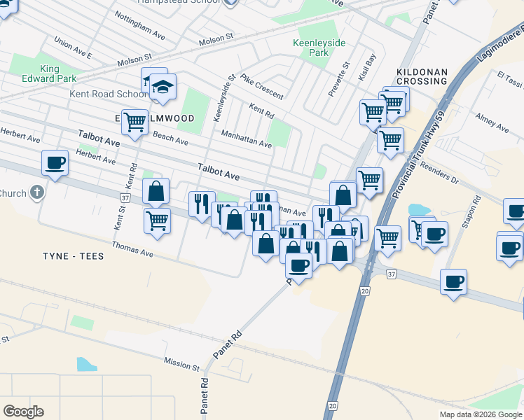 map of restaurants, bars, coffee shops, grocery stores, and more near 1110 McCalman Avenue in Winnipeg