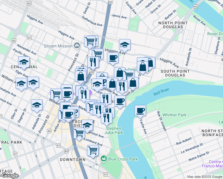 map of restaurants, bars, coffee shops, grocery stores, and more near 115 Alexander Avenue in Winnipeg