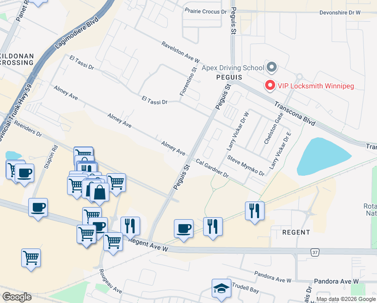 map of restaurants, bars, coffee shops, grocery stores, and more near 539 Almey Avenue in Winnipeg