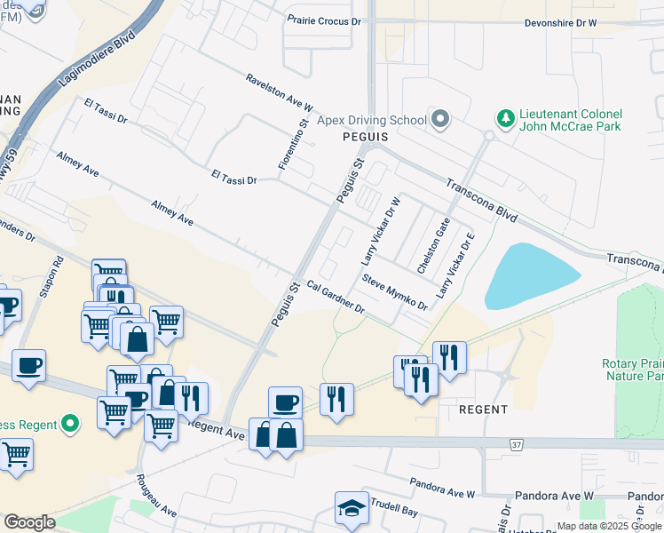 map of restaurants, bars, coffee shops, grocery stores, and more near 185 Peguis Street in Winnipeg