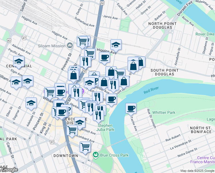 map of restaurants, bars, coffee shops, grocery stores, and more near Galt Ave in Winnipeg