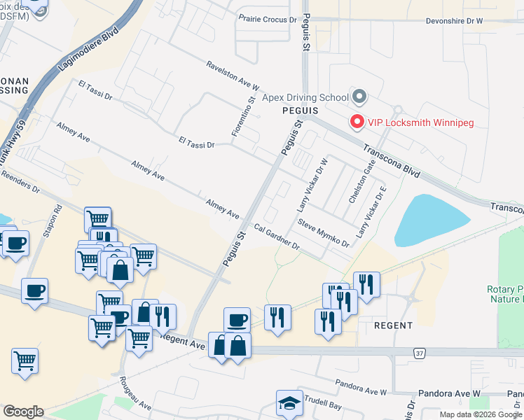map of restaurants, bars, coffee shops, grocery stores, and more near 101 Cal Gardner Drive in Winnipeg