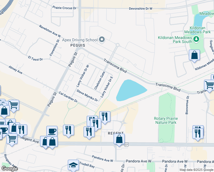 map of restaurants, bars, coffee shops, grocery stores, and more near Larry Vickar Drive East in Winnipeg
