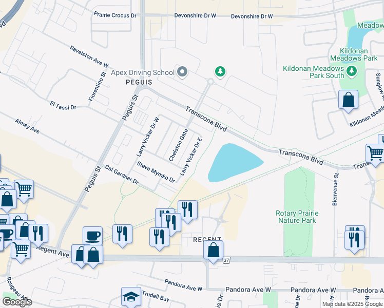 map of restaurants, bars, coffee shops, grocery stores, and more near Larry Vickar Drive East in Winnipeg