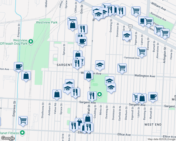 map of restaurants, bars, coffee shops, grocery stores, and more near 1080 Wellington Avenue in Winnipeg