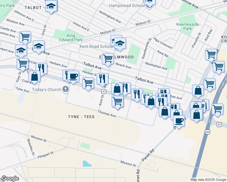 map of restaurants, bars, coffee shops, grocery stores, and more near 971 Nairn Avenue in Winnipeg