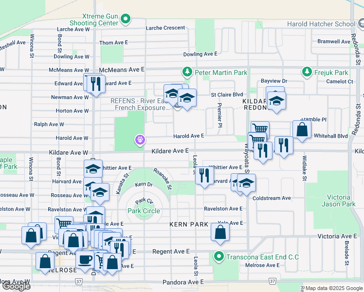 map of restaurants, bars, coffee shops, grocery stores, and more near 428 Kildare Avenue East in Winnipeg