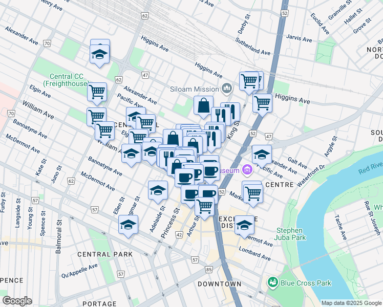 map of restaurants, bars, coffee shops, grocery stores, and more near 346 Pacific Avenue in Winnipeg