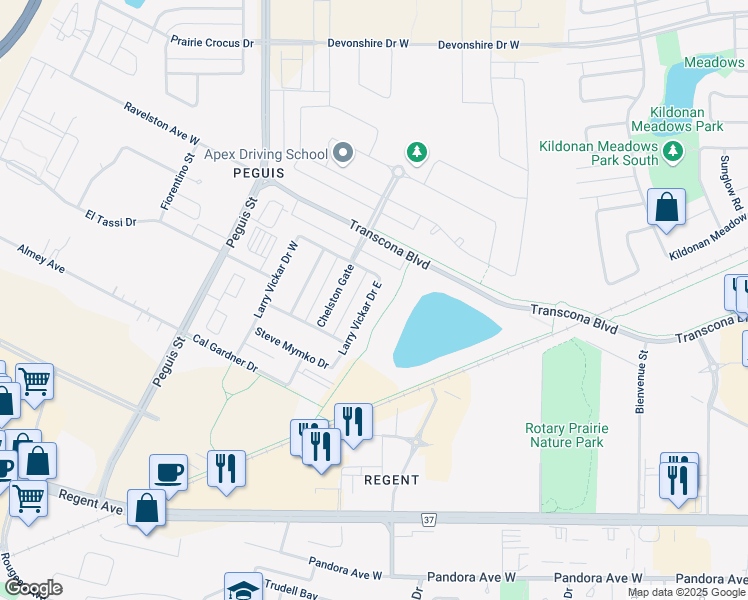 map of restaurants, bars, coffee shops, grocery stores, and more near 63 Larry Vickar Drive East in Winnipeg