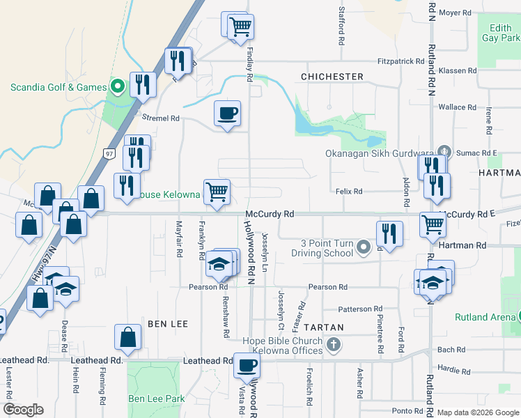 map of restaurants, bars, coffee shops, grocery stores, and more near 580 McCurdy Road in Kelowna