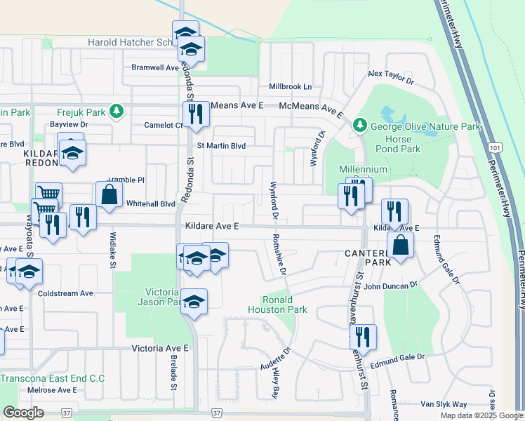map of restaurants, bars, coffee shops, grocery stores, and more near 35 Wynford Drive in Winnipeg