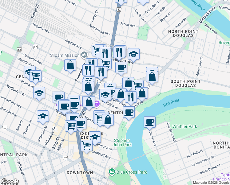 map of restaurants, bars, coffee shops, grocery stores, and more near 121 Disraeli Freeway in Winnipeg
