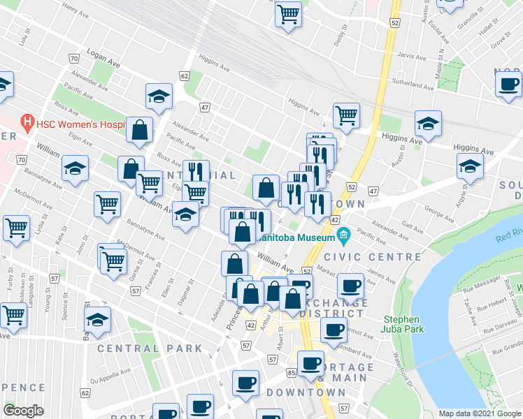 map of restaurants, bars, coffee shops, grocery stores, and more near 346 Pacific Avenue in Winnipeg