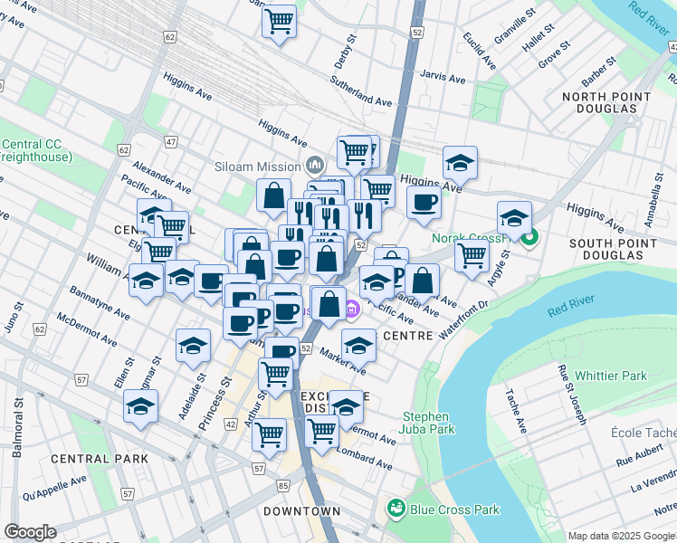 map of restaurants, bars, coffee shops, grocery stores, and more near 70 Route 42 in Winnipeg